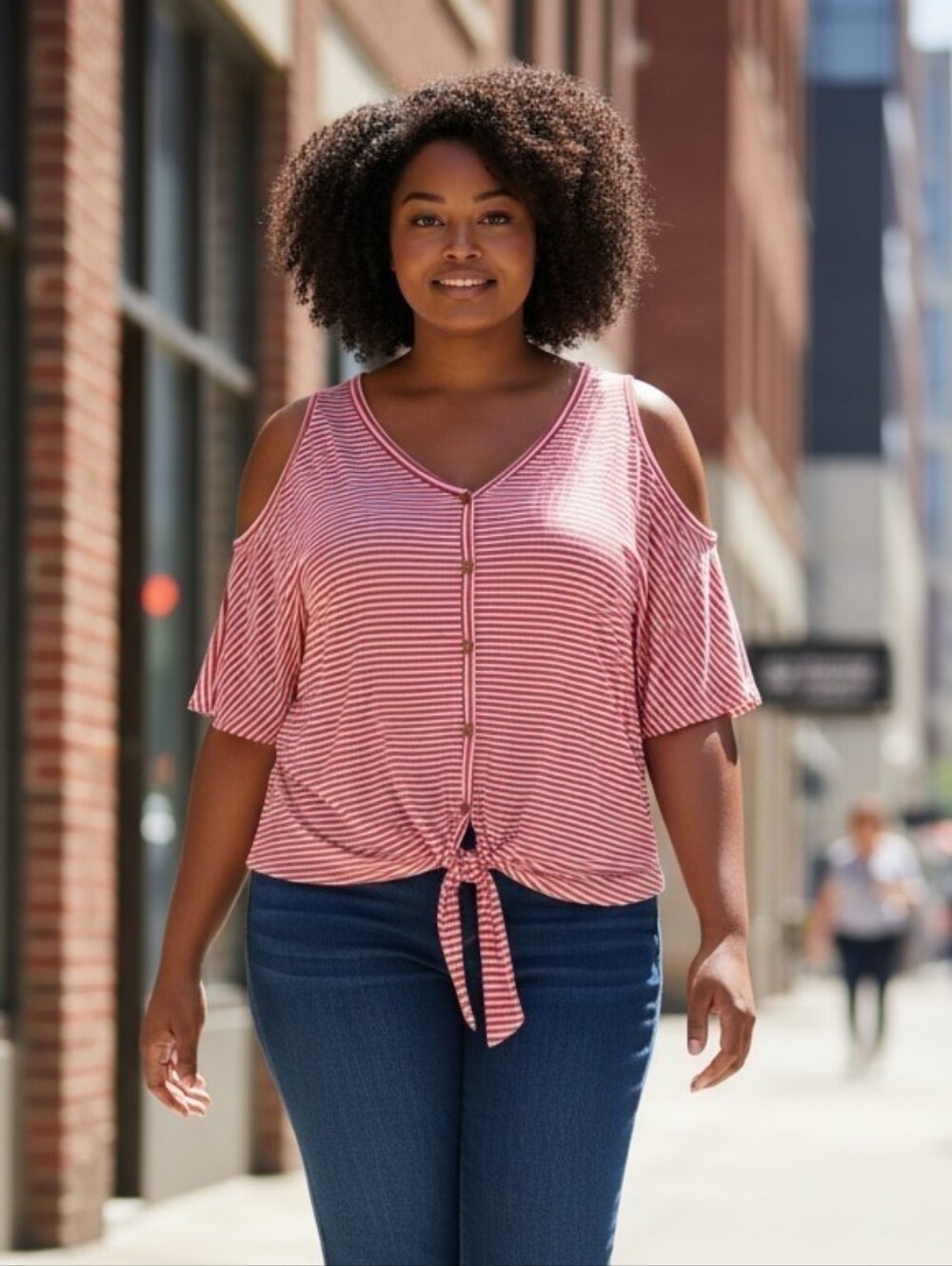 e.Luna Cold-Shoulder Tie Hem Pink/White Striped Top Size 3X NWOT